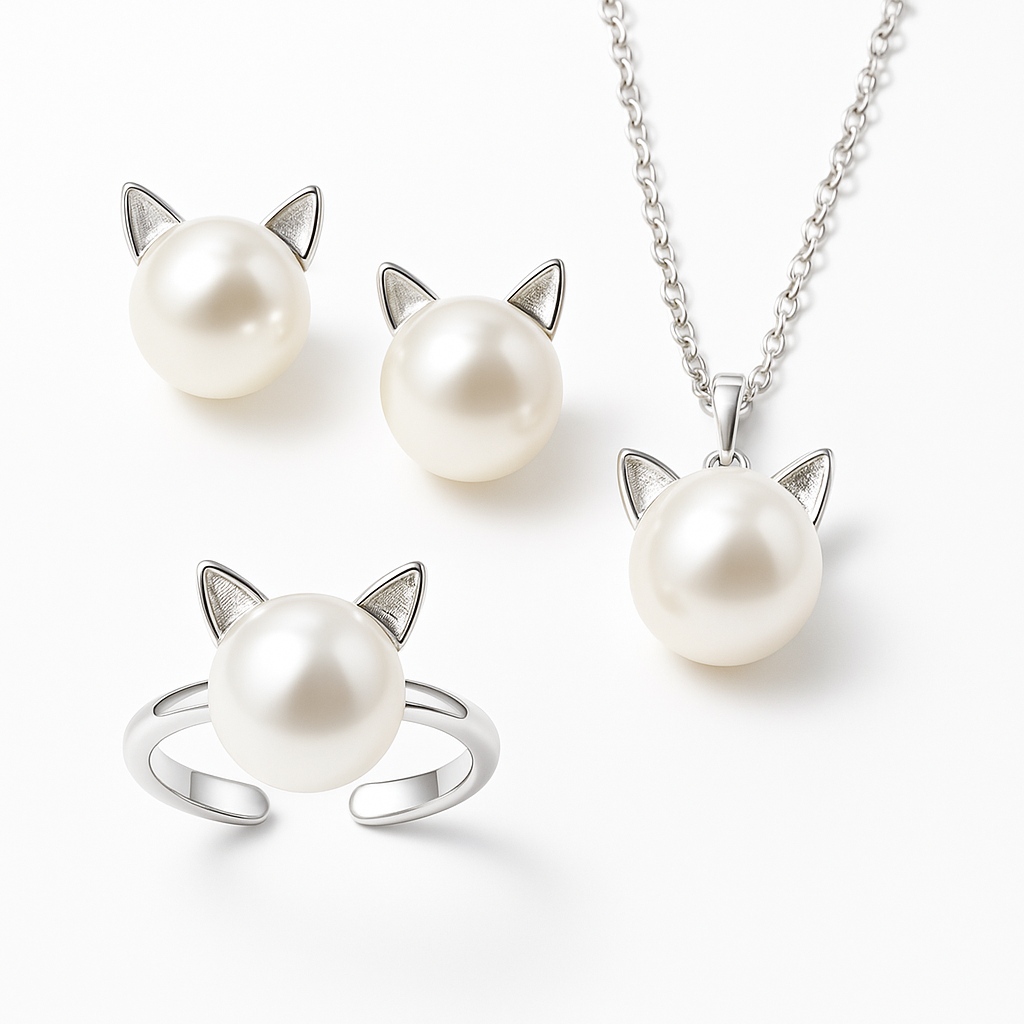 Beautiful Pearl Cat Necklace with Matching Earrings + Ring