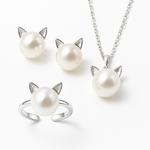 Beautiful Pearl Cat Necklace with Matching Earrings + Ring