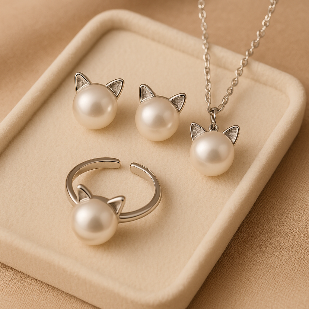Pearl Cat Necklace with Matching Earrings & Ring
