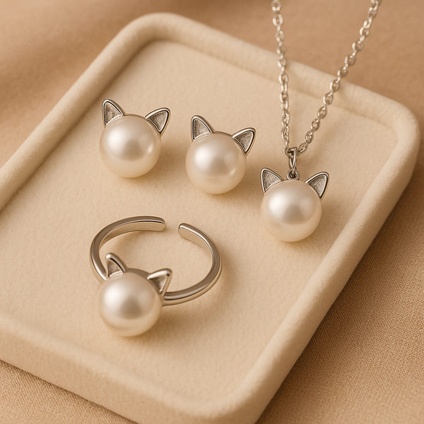 Pearl Cat Necklace with Matching Earrings & Ring