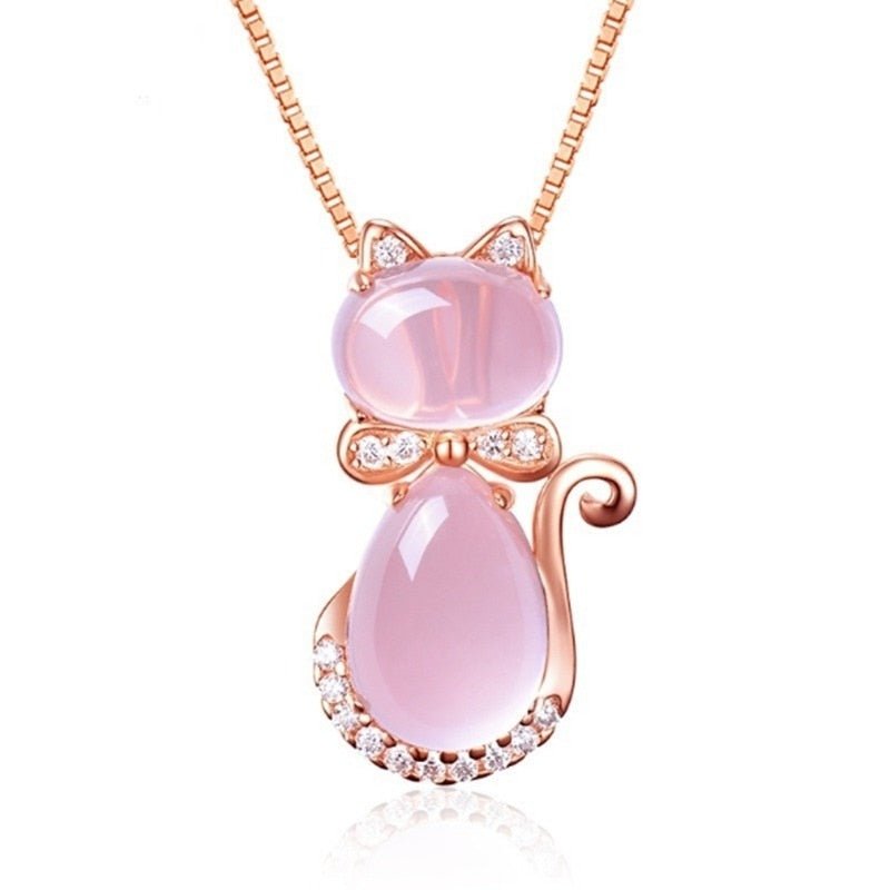 Pink Stone Cat Necklace with Zirconia
