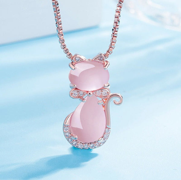 Pink Stone Cat Necklace with Zirconia