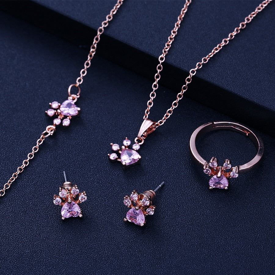 Pink Gold Paw Jewelry Set – 4 Pieces with Zirconia Heart (Ring, Necklace, Earrings, Bracelet)