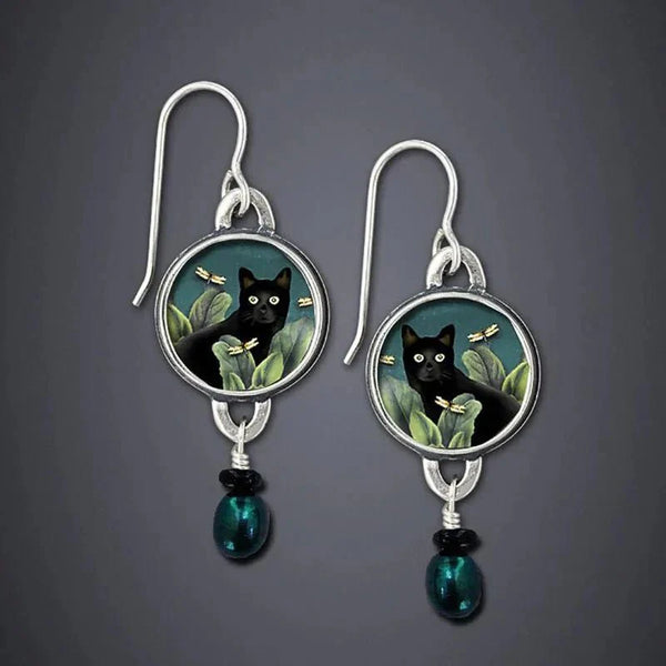 Vintage Tropical Black Cat Drop Earrings