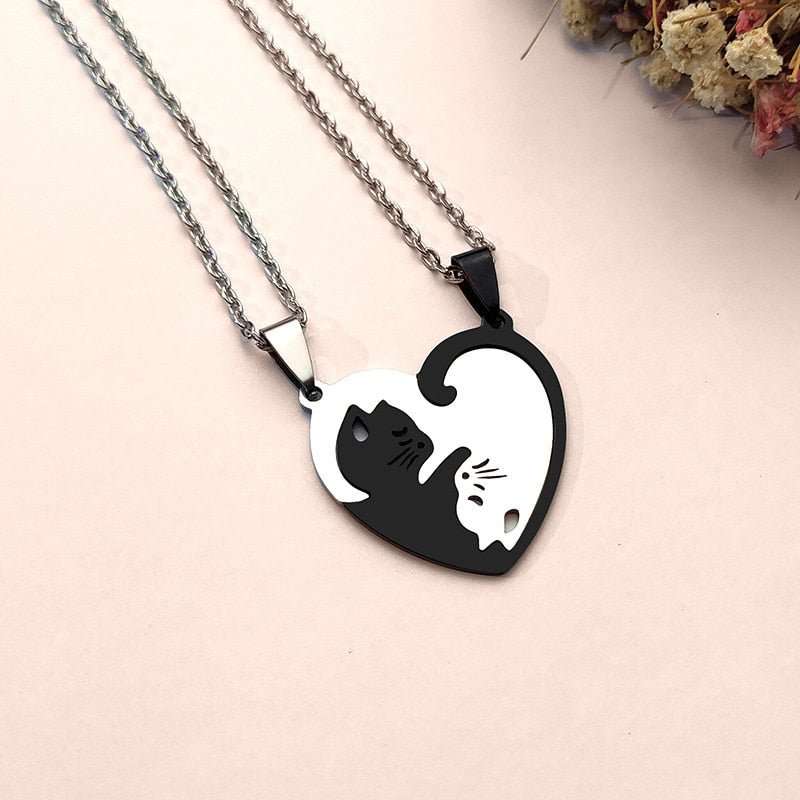 Yin Yang Black & White Cat Love Necklace